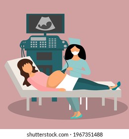 Pregnancy screening. Ultrasound pregnancy screening concept. Female doctor in medical uniform scanning mother. Girl with belly looking in monitor smiling. Embryo baby health diagnostic illustration. 