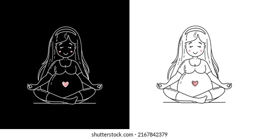 Pregnancy. Set of black white character in cartoon hand-drawn style. Pregnant woman. Expectation of the baby. Vector illustration.