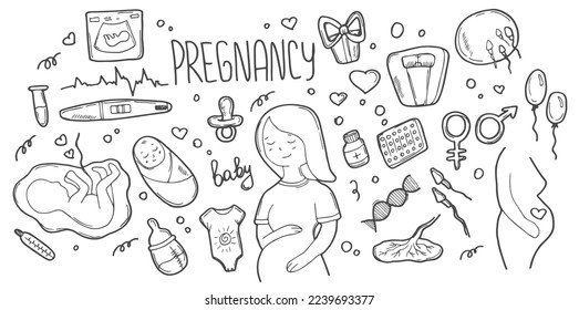 Pregnancy set. Hand-drawn cartoon collection. Doodle drawing.