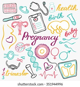 Pregnancy set. Hand-drawn cartoon collection. Doodle drawing. Vector illustration