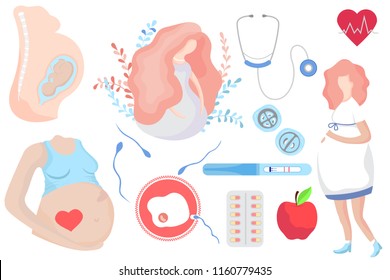 Pregnancy set illustrations. Vector illustration in flat.Eggs, birth control pills, stethoscope, pregnancy test, heart,ultrasound.Changes in female body, fetal development. 