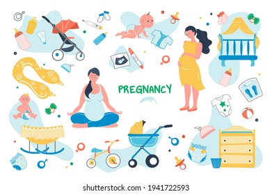 Pregnancy set isolated elements. Pregnant woman preparing for birth of child. Baby care symbols bundle - crib, stroller, diapers, bottle, pacifier, clothes. Vector illustration in flat cartoon design