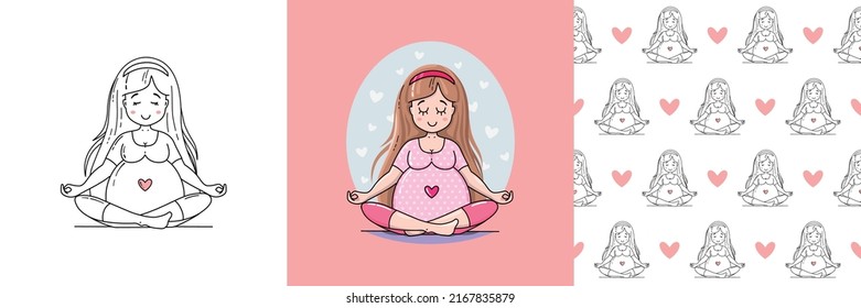 Embarazo. Conjunto de patrones y caracteres en el estilo dibujado a mano. Mujer embarazada. Esperanza del bebé. Ilustración vectorial.