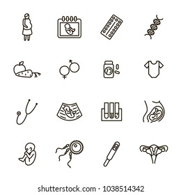 Pregnancy Signs Black Thin Line Icon Set Include of Baby, Woman, Test, Uterus, Embryo, Sperm and Ultrasound. Vector illustration