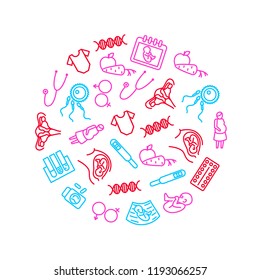 Pregnancy Signs Thin Line Round Design Template Ad Include of Baby, Woman, Test, Uterus, Embryo, Sperm and Ultrasound. Vector illustration