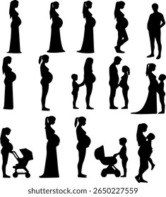 Pregnancy Silhouettes Set 12 Maternity and Motherhood Vector Icons