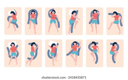 Pregnancy sleep pose. Pregnant woman sleeping in different comfortable poses with pillow. Healthy dream, maternity preparation recent vector set