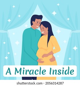 Pregnancy social media post mockup. Happy couple. Miracle inside phrase. Web banner design template. Maternity booster, content layout with inscription. Poster, print ads and flat illustration