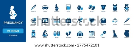 Pregnancy Solid Icon Set detailing baby clothes crib footprints mobile rattle shoes socks stroller body weight scale breastfeeding digital thermometer expecting mother healthy food and heart