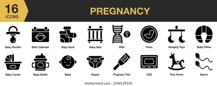 Pregnancy solid icon set. Includes usg, toys horse, sperm, hanging toys, fetus, diaper, and More. Solid icons vector collection.