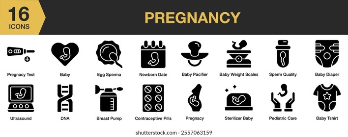 Pregnancy solid icon set. Includes baby pacifier, sperm quality, newborn date, tshirt, sterilizer baby, pediatric care, and More. Solid icons vector collection.