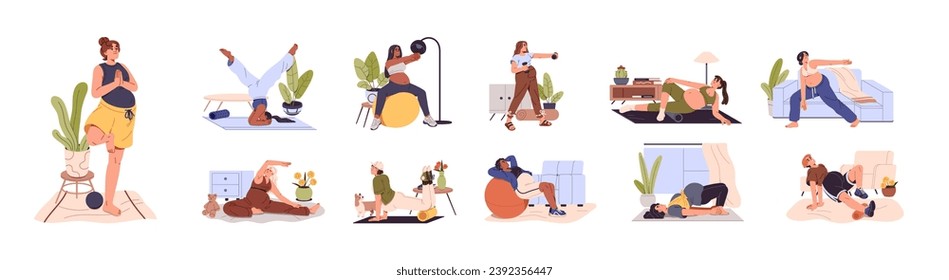 Pregnancy sport exercise set. Happy pregnant women training, workout. Prenatal yoga, meditating. Mothers with belly care about body, health. Flat isolated vector illustration on white background