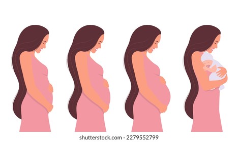 Pregnancy stages. Beautiful smiling woman in the first, second, and third trimesters of pregnancy and with a newborn baby. Vector illustration in a flat style. Isolated on a white background.