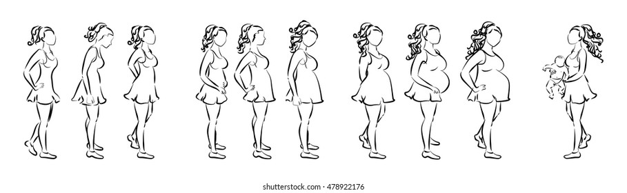 Pregnancy stages concept. Pregnant female silhouettes. Three trimesters with baby birth.