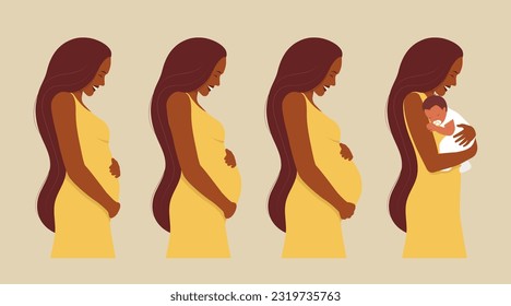 Pregnancy stages. Happy smiling beautiful woman in the first, second, and third trimesters of pregnancy and with a newborn baby. Vector illustration in a flat style. Isolated on a white background.