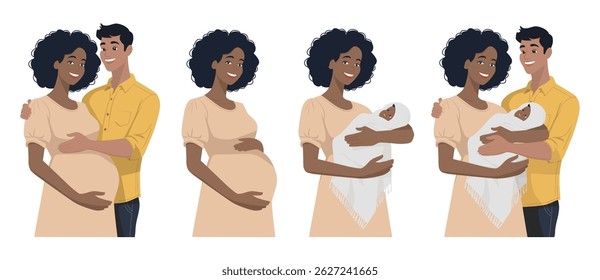 Estágios da gravidez. Mulher grávida de pele escura com marido, Mulher grávida, mulher com bebê recém-nascido, família com recém-nascido, conceito de desenho animado de desenvolvimento pré-natal do bebê. Infográficos vetoriais.