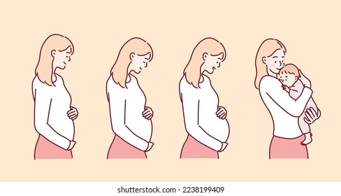 Pregnancy stages. Pregnant and newborn, woman belly figure during pregnancy. Hand drawn style vector design illustrations.