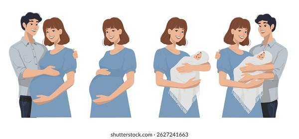 Estágios da gravidez. Mulher grávida com marido, Mulher grávida, mulher com bebê recém-nascido, família com recém-nascido, conceito de desenho animado de desenvolvimento pré-natal do bebê. Infográficos vetoriais.