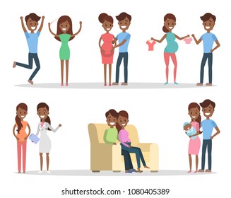 Pregnancy stages set. Couple meet, marry and pregnant with baby.