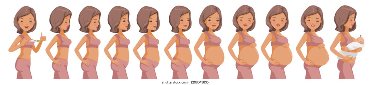 Pregnancy Stages set. Happy Woman With Different Stages Of Pregnancy. Animation motion of the body, face , mood change. Lined up pictures, pregnancy begins after childbirth,Breastfeeding. Infographic 