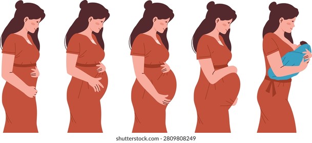 Pregnancy stages timeline vector illustration set with flat character design of pregnant woman body changes progression