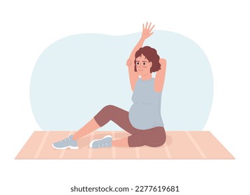 Pregnancy stretches for back pain relieving 2D vector isolated spot illustration. Pregnant woman on yoga mat flat character on cartoon background. Colorful editable scene for mobile, website, magazine