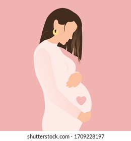 Pregnancy. Stylish pregnant woman hugging her belly with heart on pink background. Modern hand drawn vector in flat style. Happy Mothers day concept. Motherhood