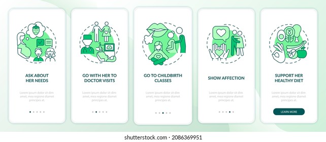 Pregnancy support onboarding mobile app page screen. Go to doctor visits walkthrough 5 steps graphic instructions with concepts. UI, UX, GUI vector template with linear color illustrations