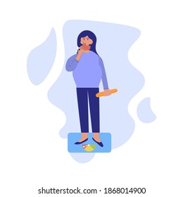 Pregnancy symptoms and problems concept. Young pregnant women checking her weight. The bathroom scale shows excess weight, but women can t stop eating. flat illustration