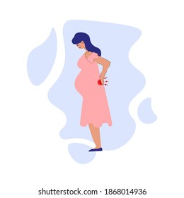 Pregnancy symptoms and problems concept. Young pregnant women holding her back due to pain. Lower back pain flat illustration