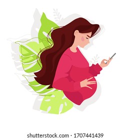 Pregnancy talk. woman use mobile phones to talk. young pregnant female talking on smartphone. . Vector illustration isolated on a white background.