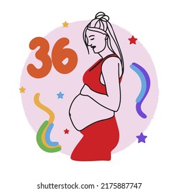 Pregnancy term, counting weeks, pregnant girl, big belly, expectant mother, doodle style line drawing