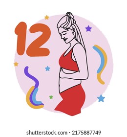 Pregnancy term, counting weeks, pregnant girl, big belly, expectant mother, doodle style line drawing