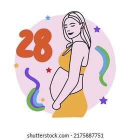 Pregnancy term, counting weeks, pregnant girl, big belly, expectant mother, doodle style line drawing