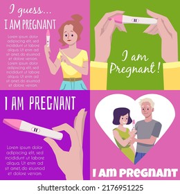 Pregnancy test banners or poster collection with woman got positive pregnancy test results, flat vector illustration. Card templates set with women got pregnant.