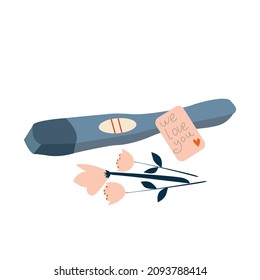 Pregnancy test and card that says "We love you". Pregnancy test with positive result as a two lines. Planning a baby, motherhood and healthcare concept. Flat vector illustration.