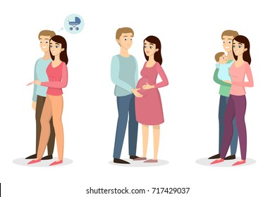 Pregnancy test concept. Couple waiting and examining test. Baby birth.