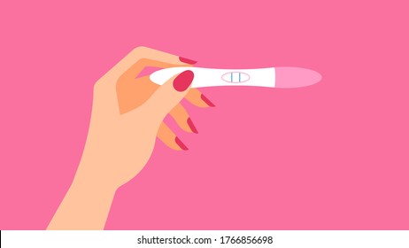 Pregnancy test. Female hand is holding a positive pregnancy test. Isolated on pink background. Motherhood, pregnancy, birth control concept. Modern illustration.