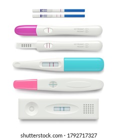 Pregnancy test. Female negative or positive test good ovulation feminine healthcare vector realistic pictures