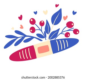 Prueba de embarazo con flores. El concepto de planificación del embarazo y la maternidad.  Día de la Madre. Para tarjetas de felicitación, carteles, estampado de camisetas, etiquetas y etiquetas. Ilustración vectorial sobre fondo blanco.