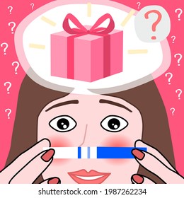 Pregnancy test, the girl is delighted. Worries about the birth of a child. Indicator with stripes. A gift in the form of a born baby. Gift box for a happy family. Female surprise. Big event.