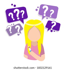 Pregnancy test. Girl holds the analysis result. Two strips. Concept of Beginning of motherhood. Question and doubt. Young woman. Flat cartoon. Choice of future