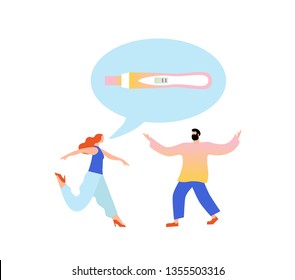 Pregnancy test. The girl runs to her husband. Flat vector illustration. Template for logo design, website, webpage