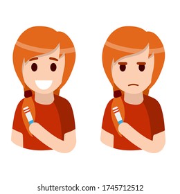 Pregnancy test. Happy and sad woman. Two strips on the test. Analysis result. Beginning of motherhood. Emotions of a young girl. Flat cartoon illustration