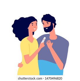 Pregnancy test. Happy young couple looking at pregnancy test showing two line. Family planning healthcare vector concept. Medical test, pregnancy woman show test man illustration