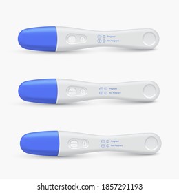 Pregnancy test for home use realistic templates set. Positive and negative results samples. Ovulation predictor kit. Female healthcare tool. Vector pregnancy test isolated on white background.