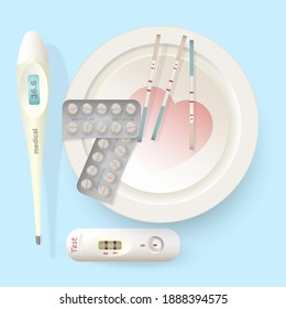 Pregnancy test isolated on white background with thermometer, plate, strips. Vector design for the decoration of printed products