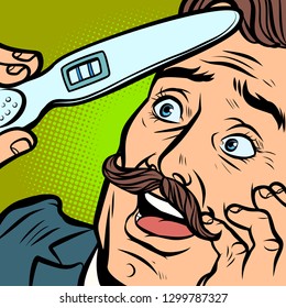 pregnancy test. joyful moustached man husband father. Comic cartoon pop art retro vector illustration hand drawing