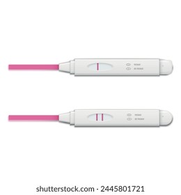 Pregnancy test with one and two strip positive and negative set realistic vector illustration. Pregnant ovulation checking female fertility menstruation waiting medical research result examination