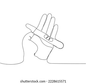 Pregnancy test in the palm of your hand one line art. Continuous line drawing of pregnancy, testing, analysis, ovulation, happy news, positive result, child, motherhood.